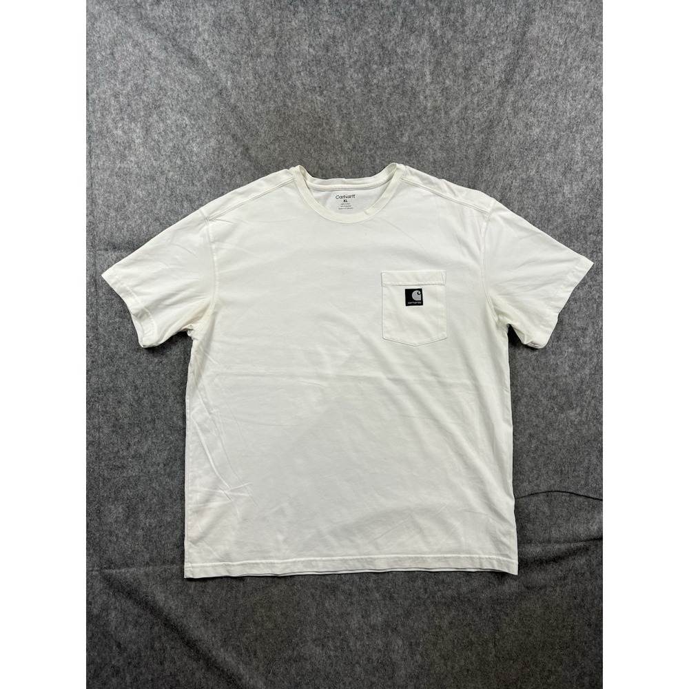 Carhartt Men's White Short-Sleeve Pocket T-Shirt Black Logo Polyester Size XL
